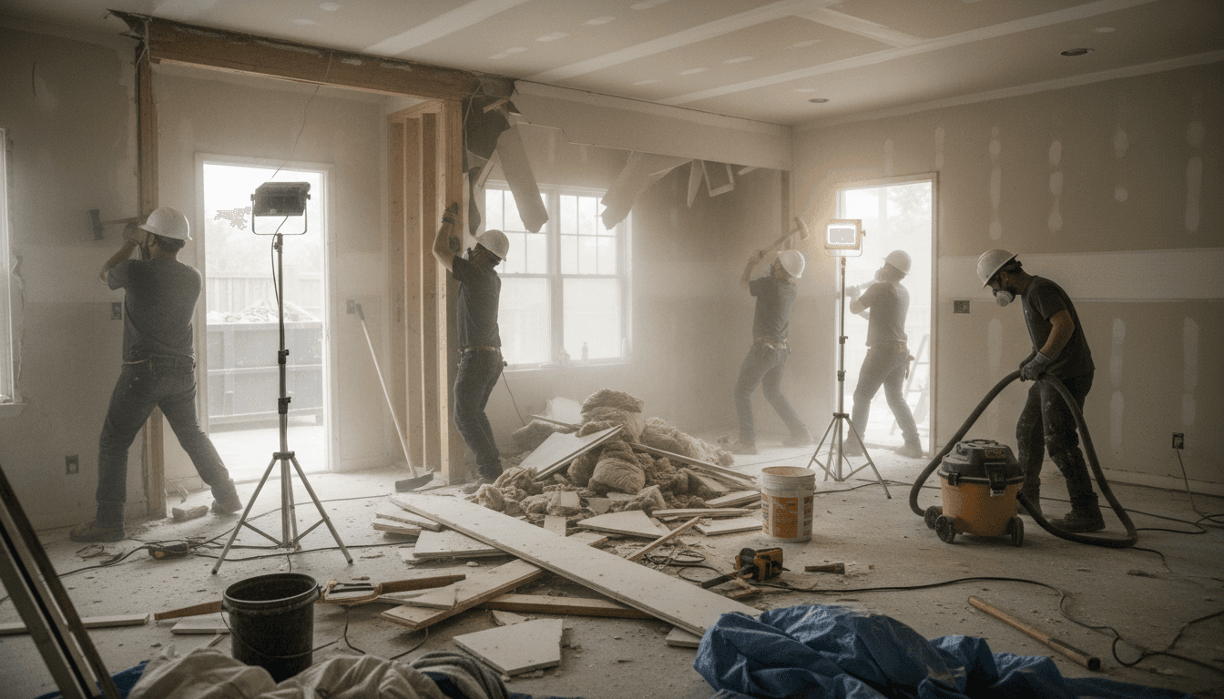 Demolition worker removing drywall from interior wall during Palm Springs home remodel