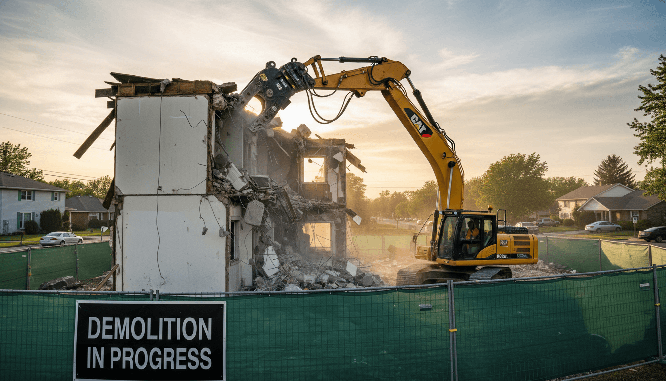Excavator with demolition attachment tearing down a concrete wall on a residential property