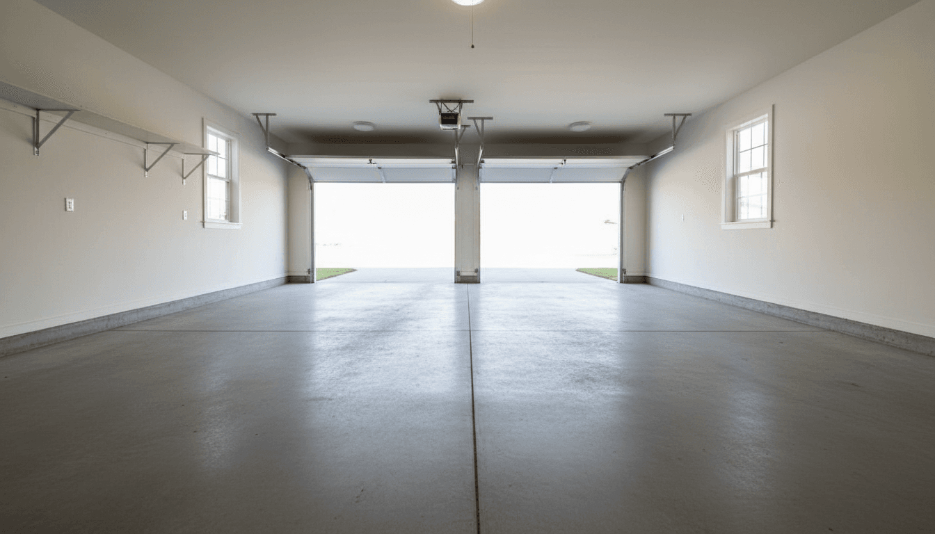 Empty garage after a cleanout, bright and clear with a clean concrete floor