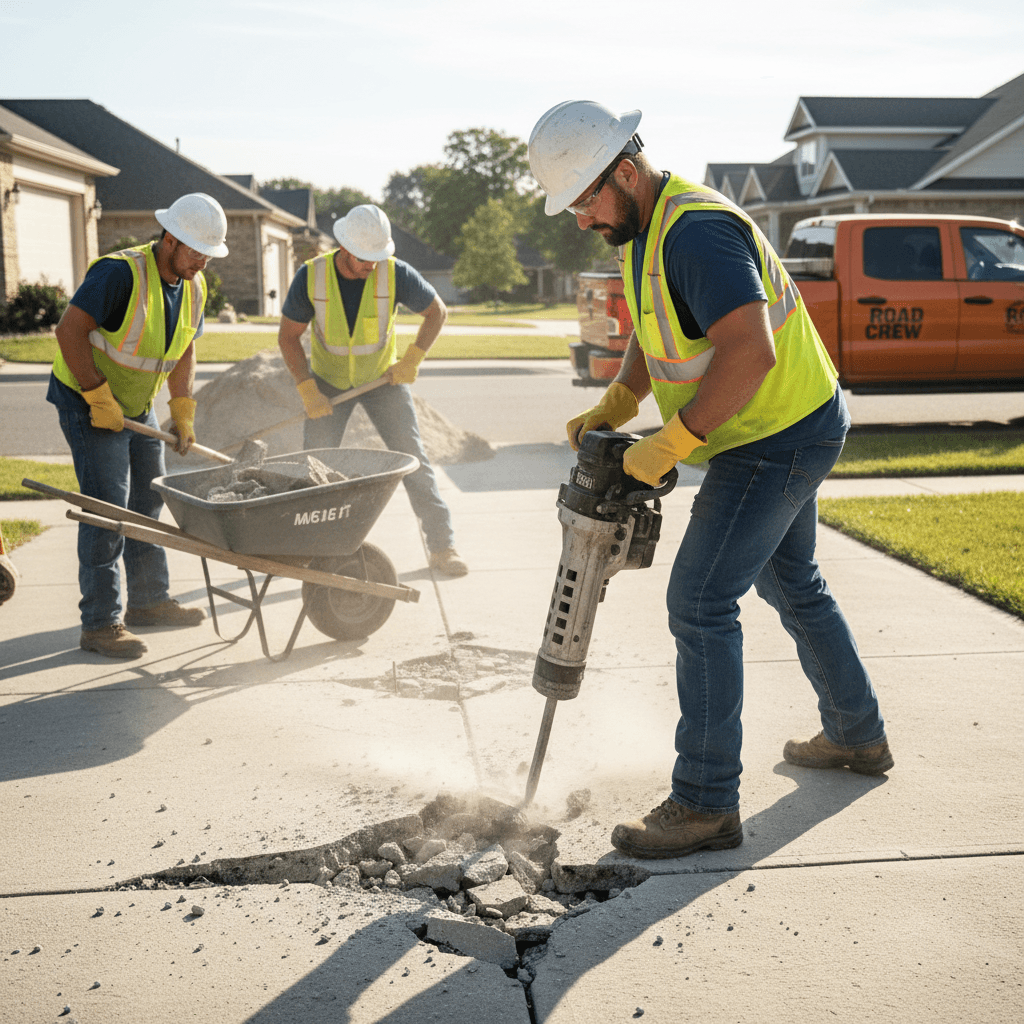 Construction workers breaking up concrete driveway with jackhammer