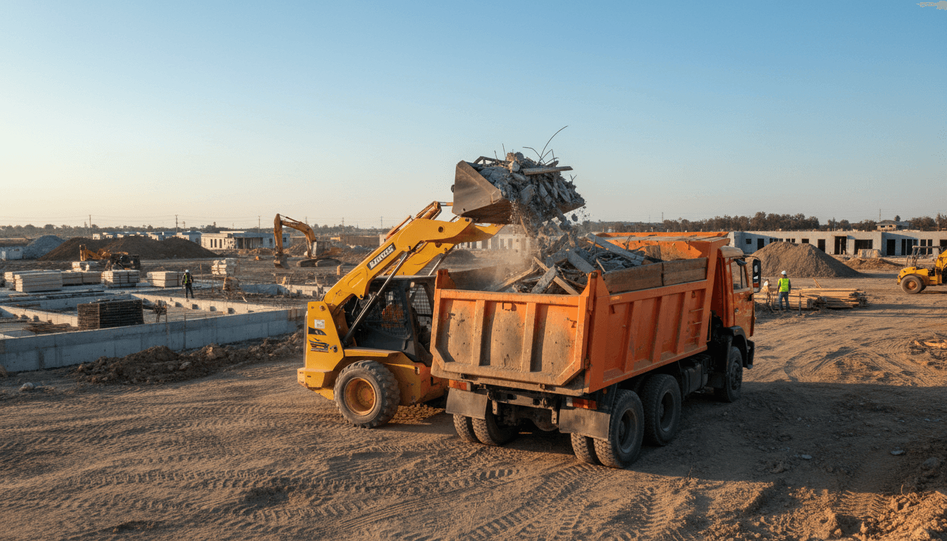 Skid steer loading construction debris into a dump truck on a Palm Desert jobsite