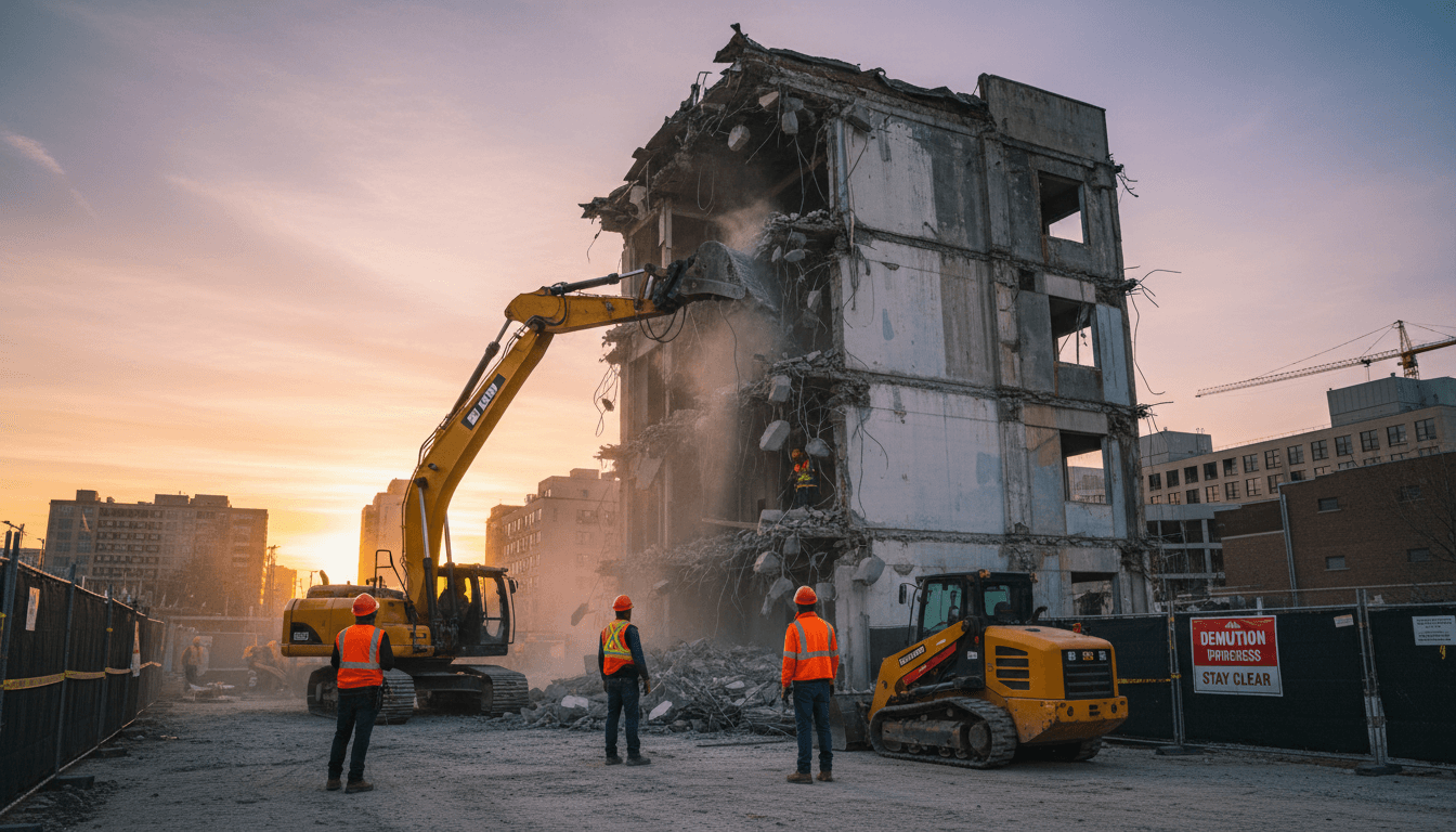 Workers in safety gear tearing down an exterior wall with heavy machinery on site