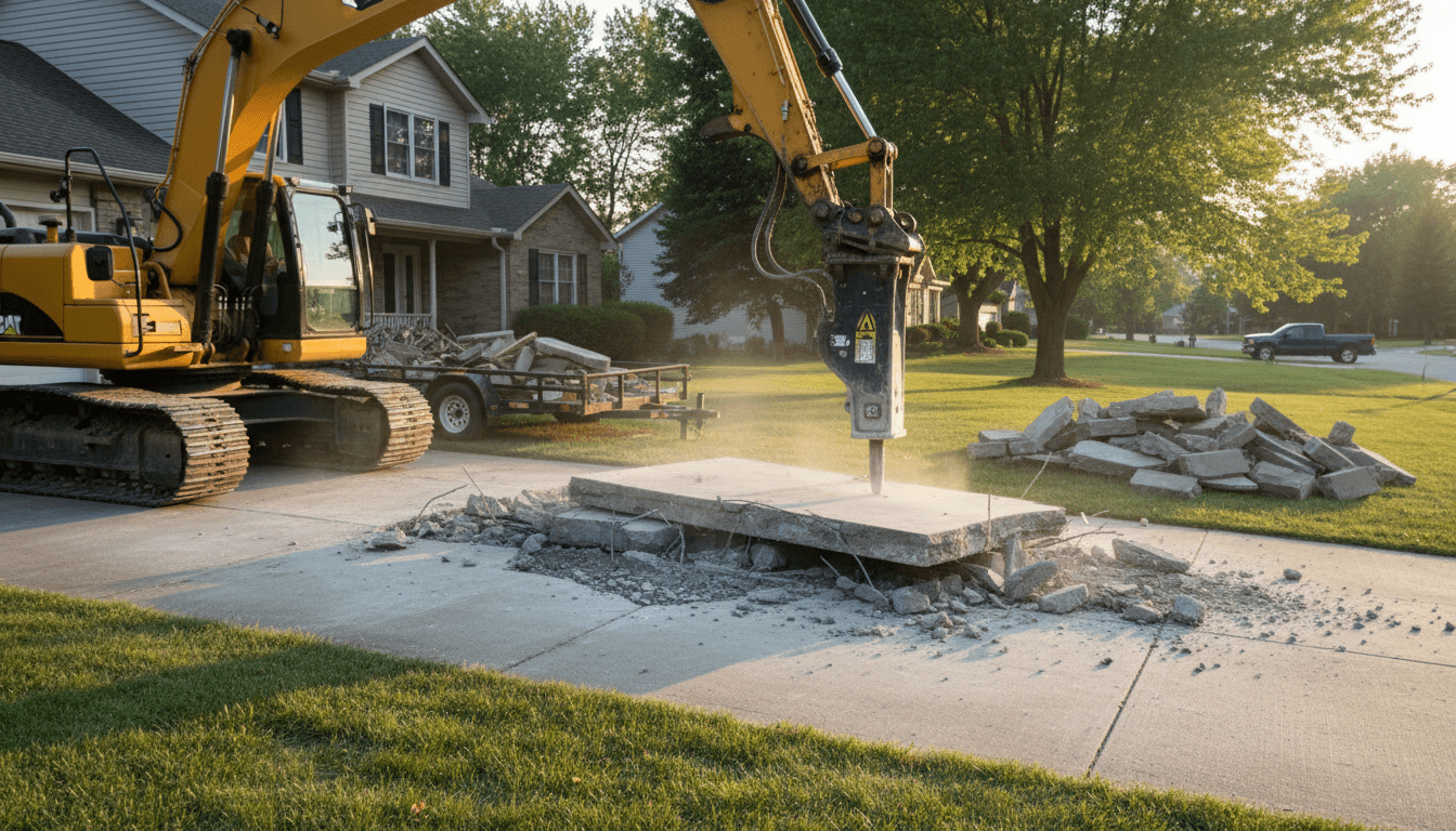 Excavator breaking up a concrete driveway at a residential property