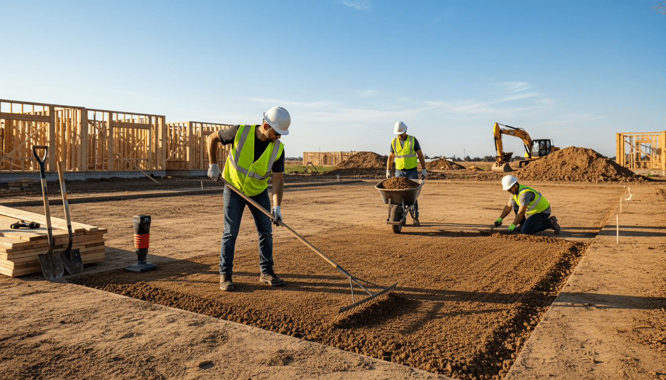 Construction worker leveling compacted dirt base on a residential demolition site