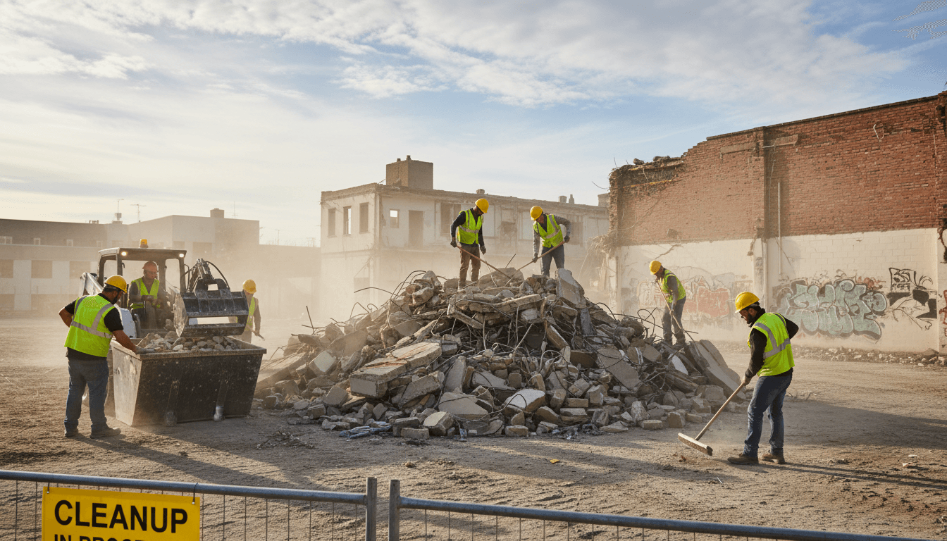 Construction workers clearing debris and sweeping a site after demolition
