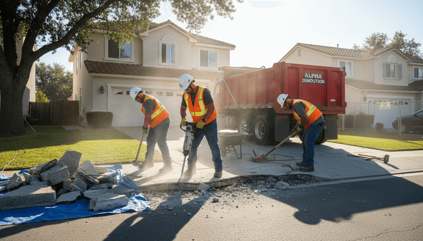 Concrete demolition crew breaking a driveway with a jackhammer