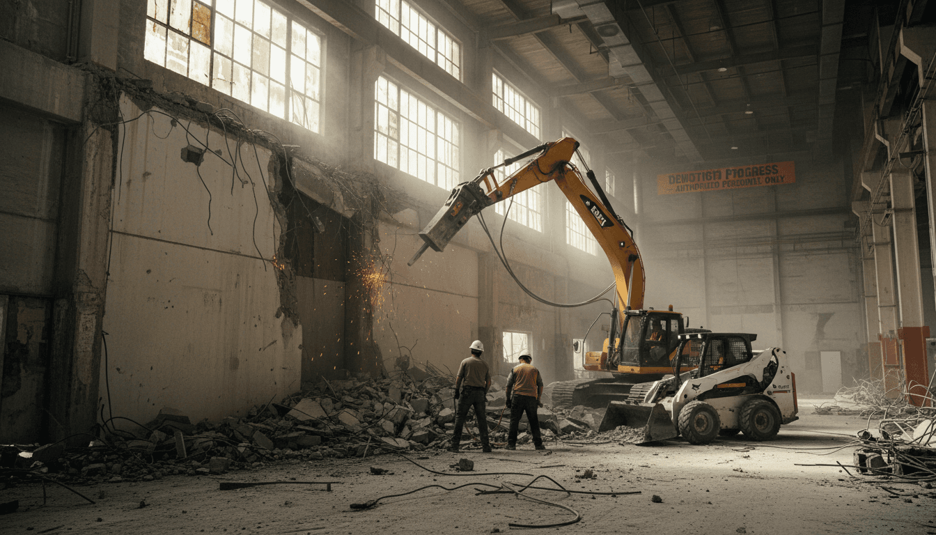 Demolition crew working inside a Rancho Mirage building with machinery and debris