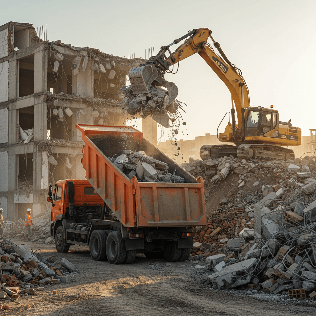 Dump truck being loaded with broken concrete and debris
