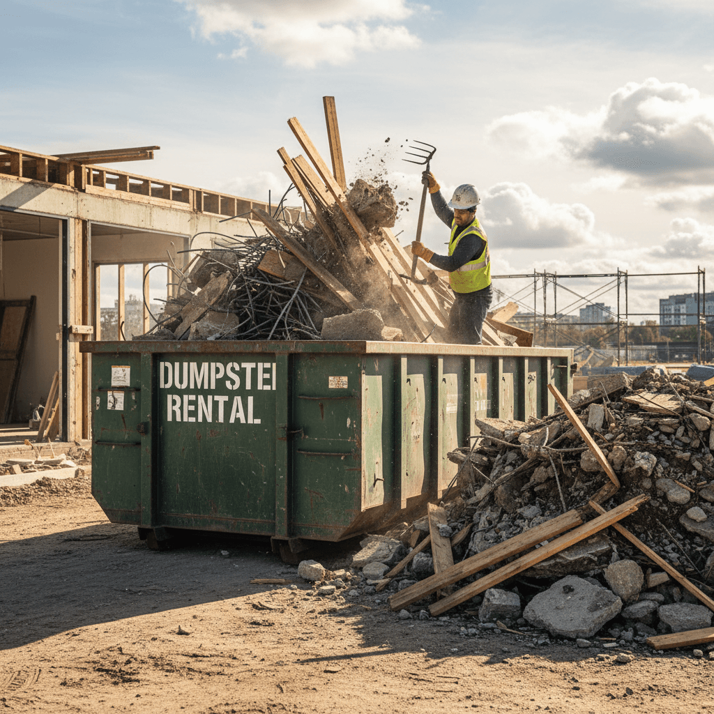 Worker loading scrap lumber and construction debris into a large dumpster container