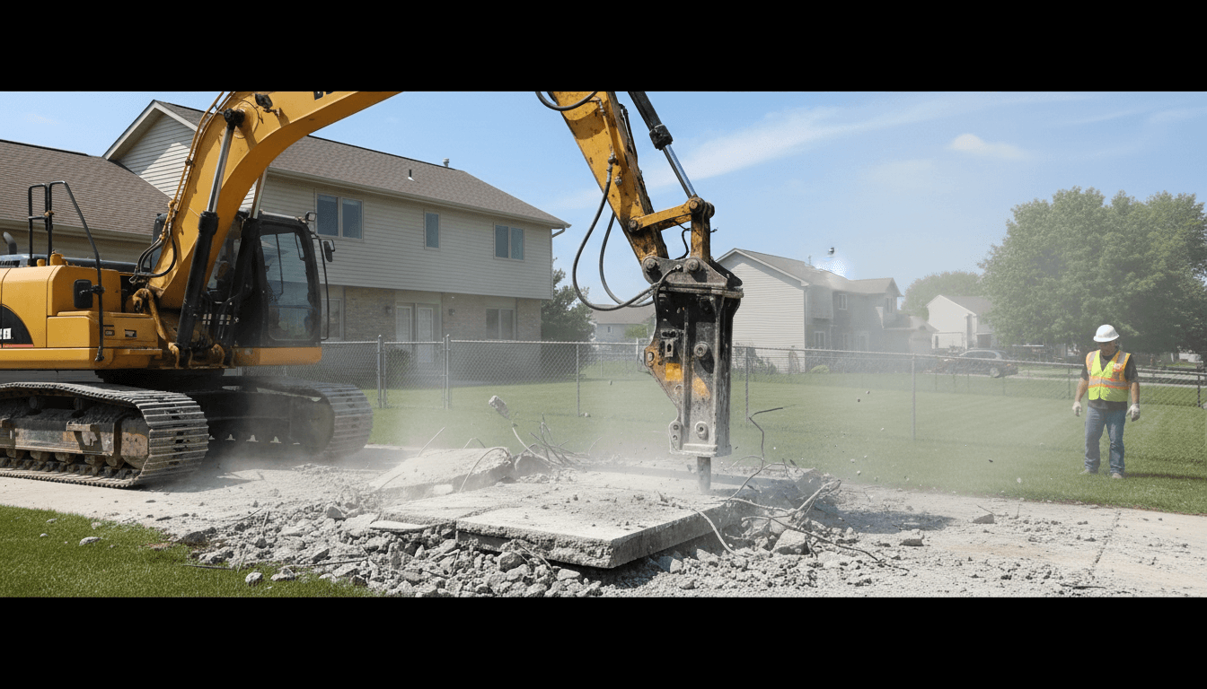 Excavator breaking up an old concrete driveway, leaving the site clear and ready for new work