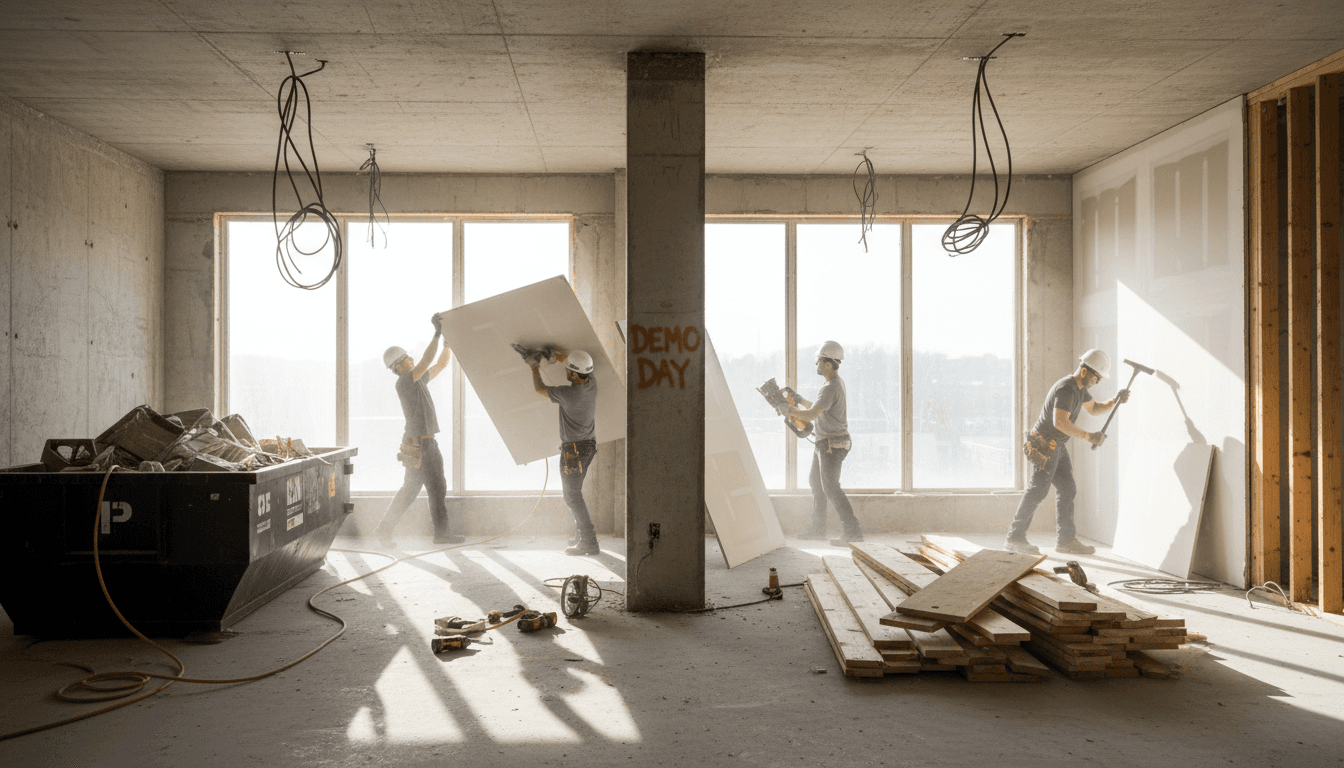 Demolition crew tearing out interior wall in a bright room