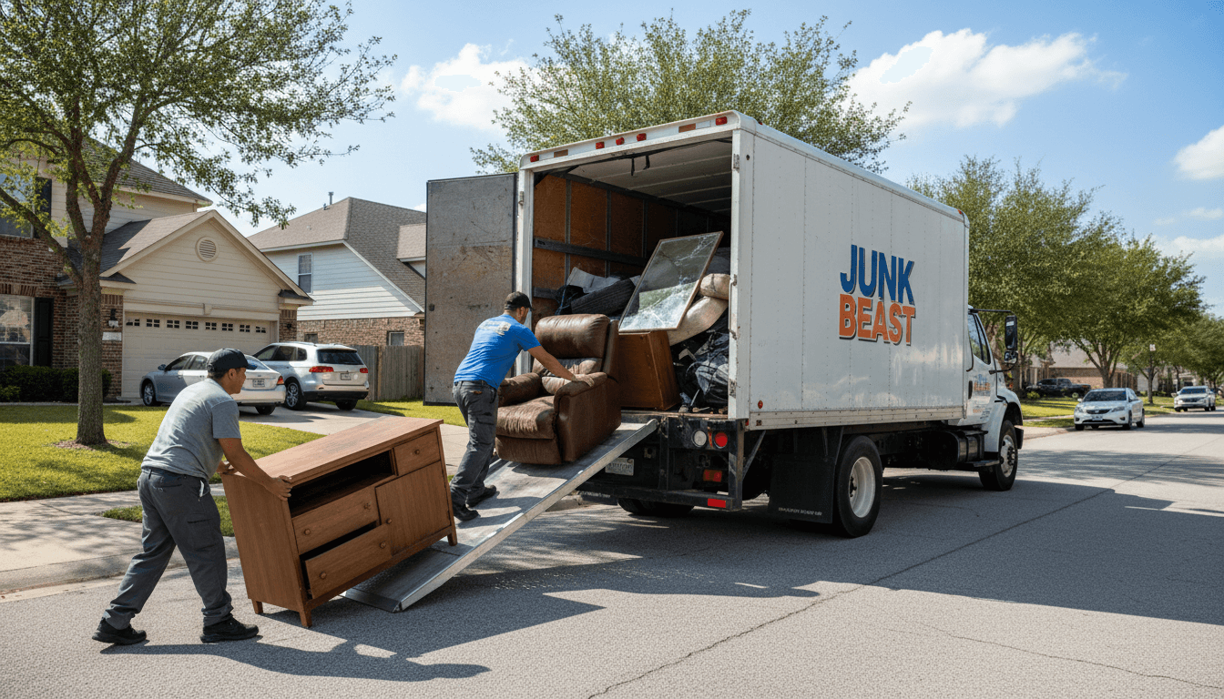 Two workers loading large furniture into a junk removal truck on a sunny residential street