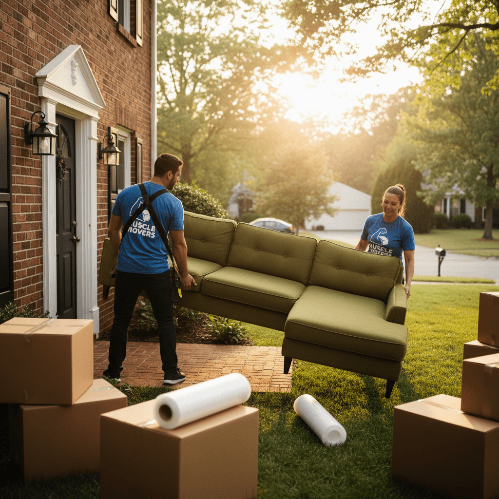 Two movers carrying a couch out of a house during a move