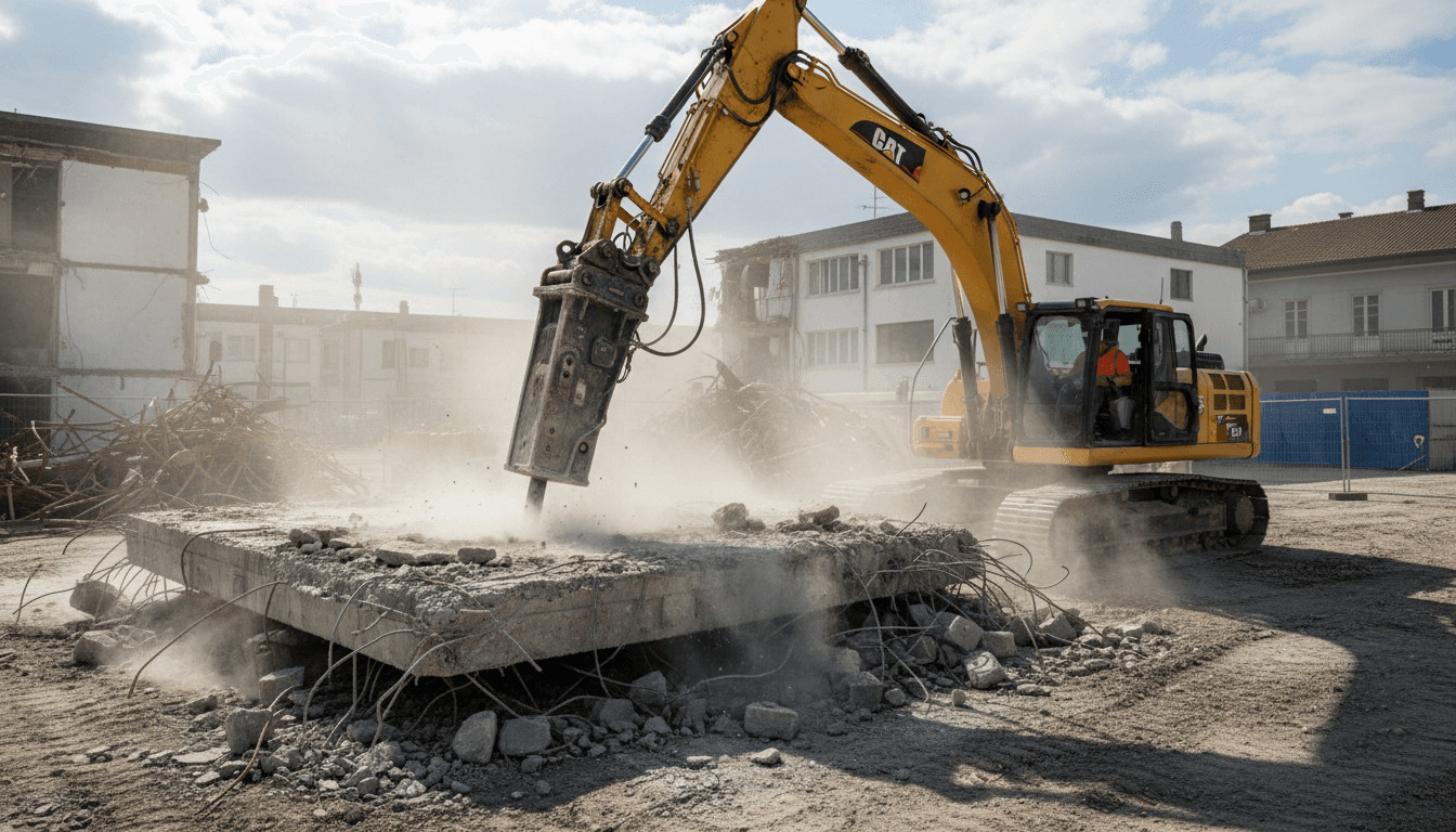 Excavator breaking up a concrete slab at a demolition site with dust rising