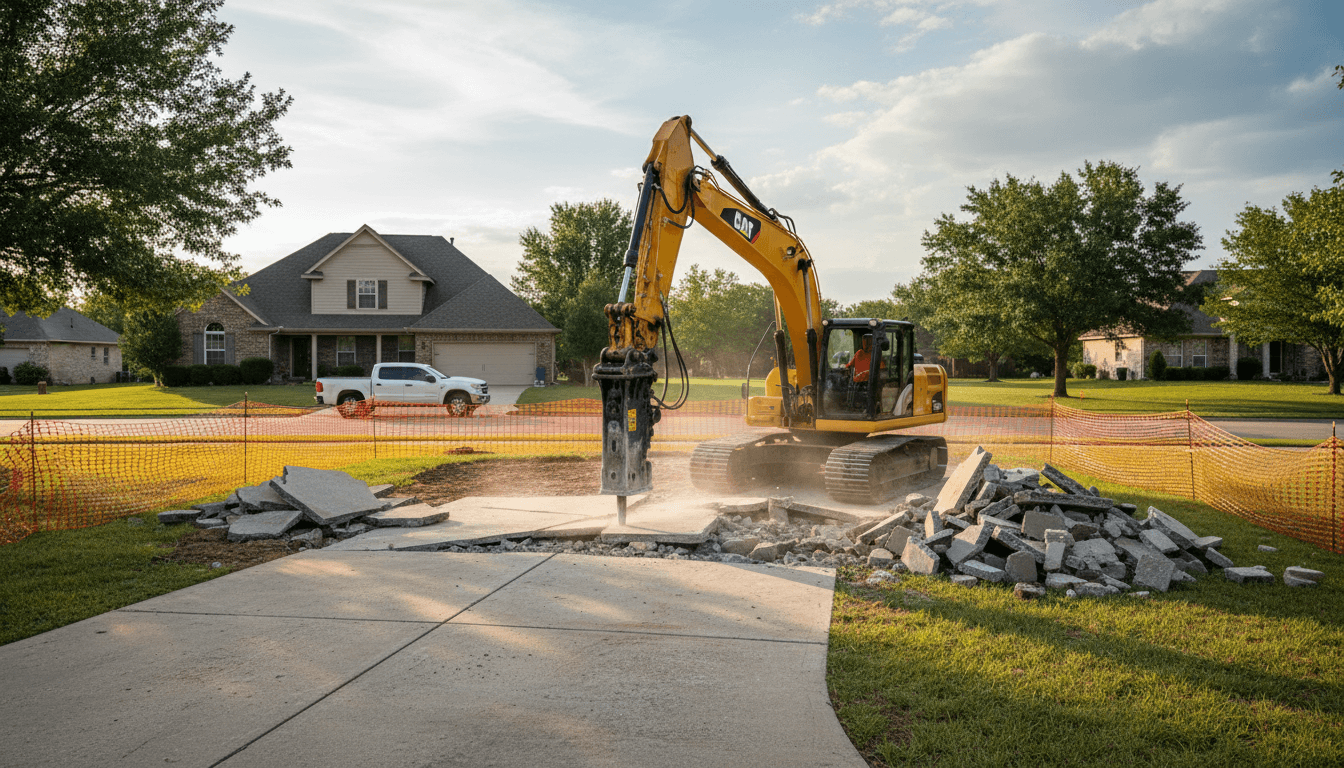 Excavator breaking up a concrete driveway for removal