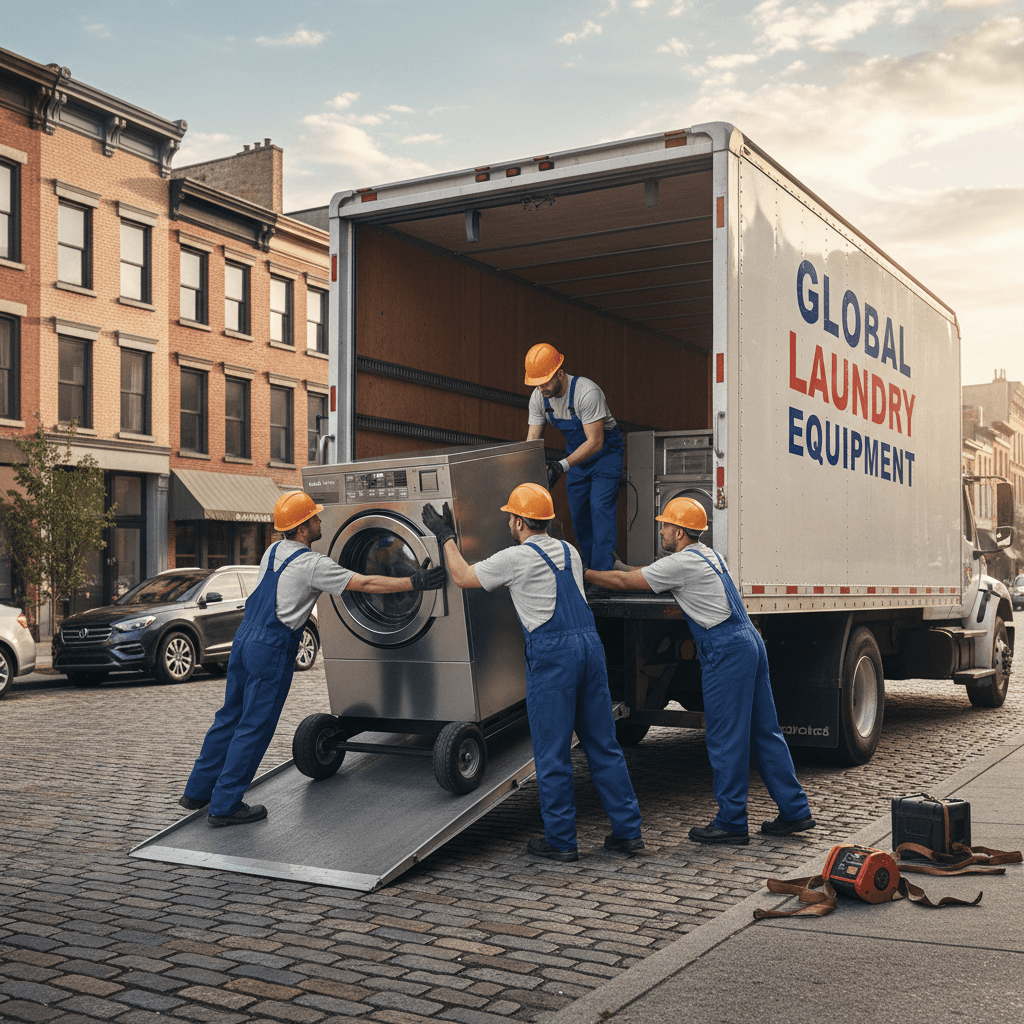 Workers loading a washing machine into the back of a commercial truck on a residential street