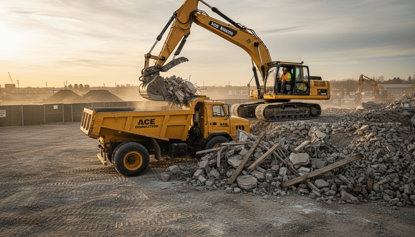 Contractor loading construction debris into a commercial dump truck on a Palm Desert job site