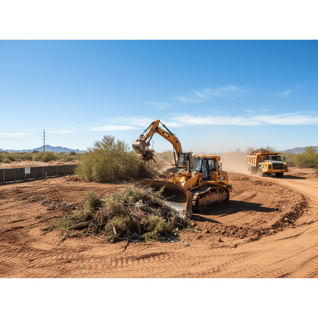 Large commercial lot being cleared with heavy equipment in the desert