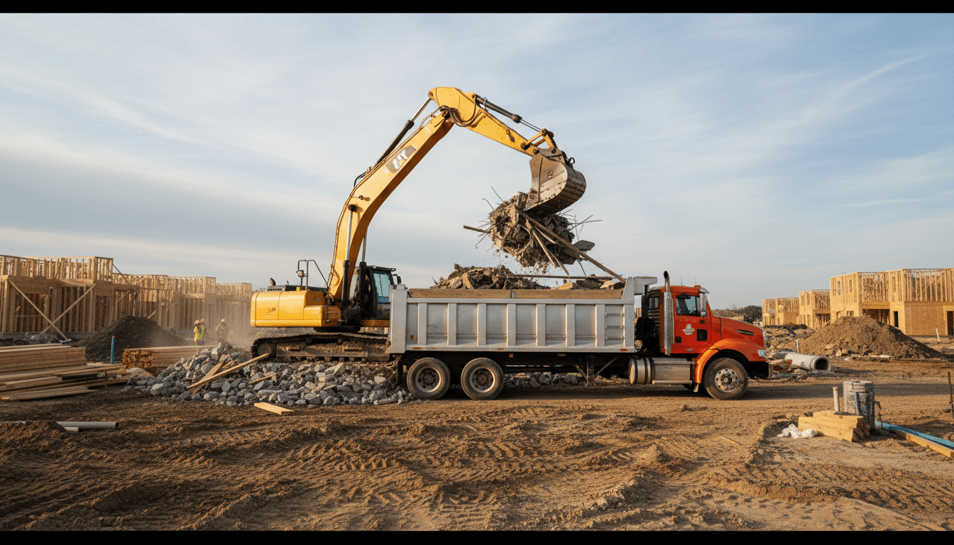 Excavator loading construction debris into a dump truck at a Palm Desert job site