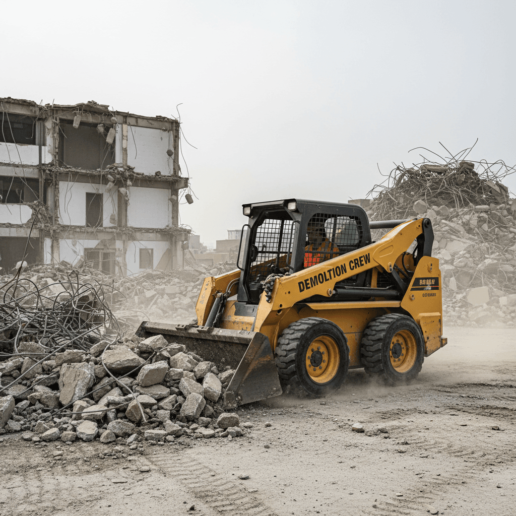 Skid steer loader moving concrete debris on a demolition site