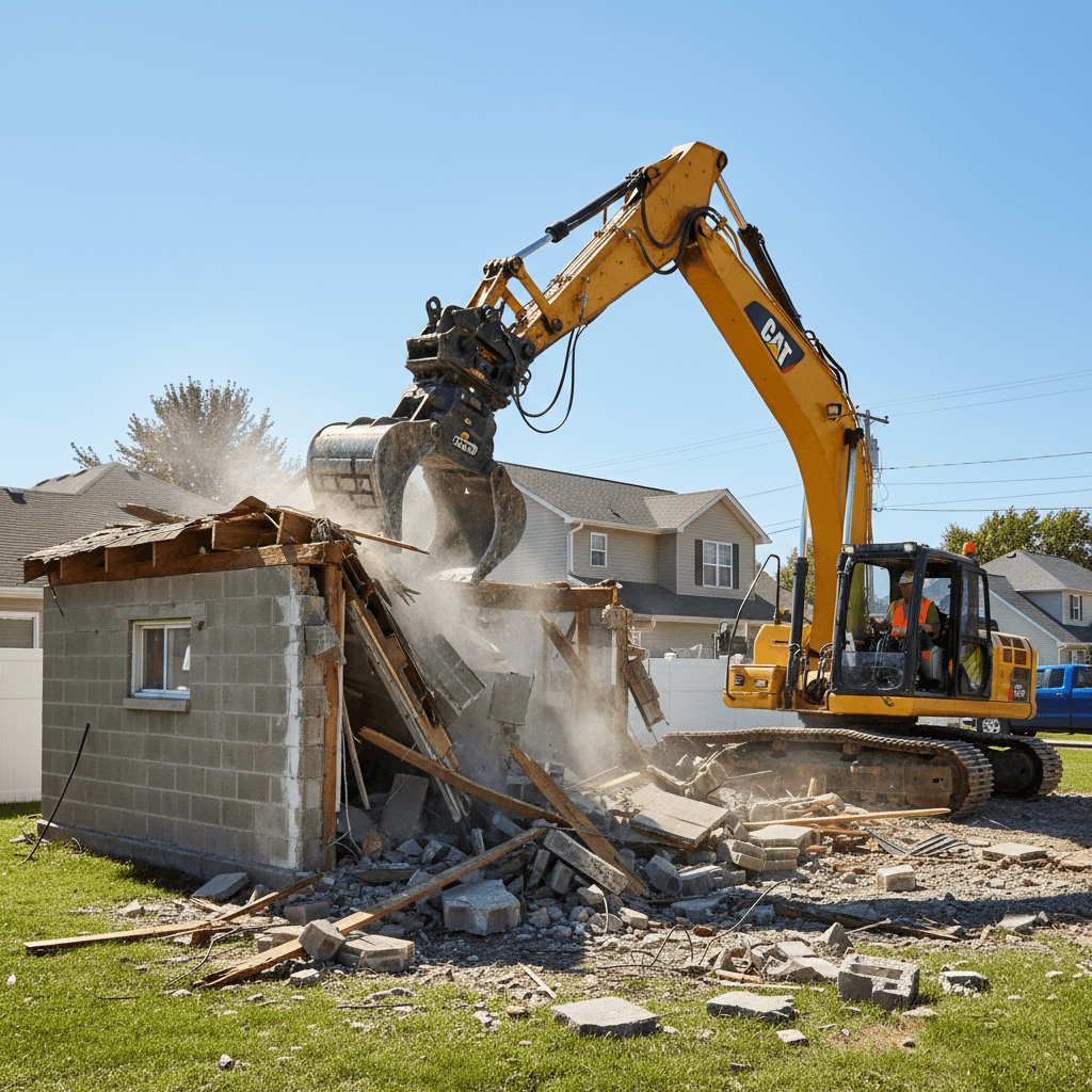 Excavator demolishing small garage structure on residential property