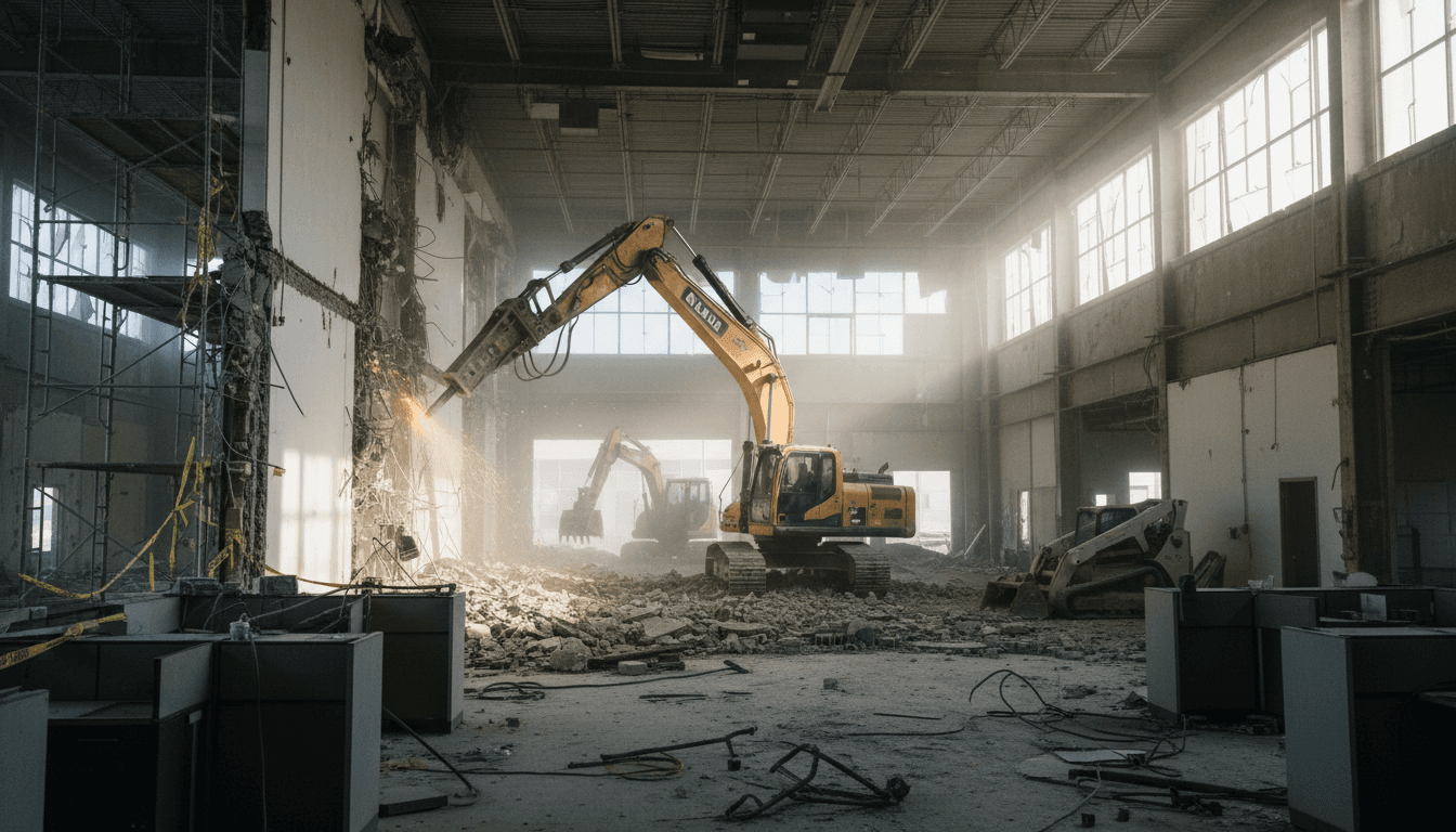 Excavator with demolition attachment breaking through concrete wall inside a large building