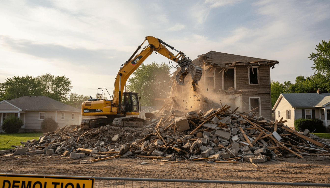 Excavator demolishing an old structure on a residential property in Palm Desert
