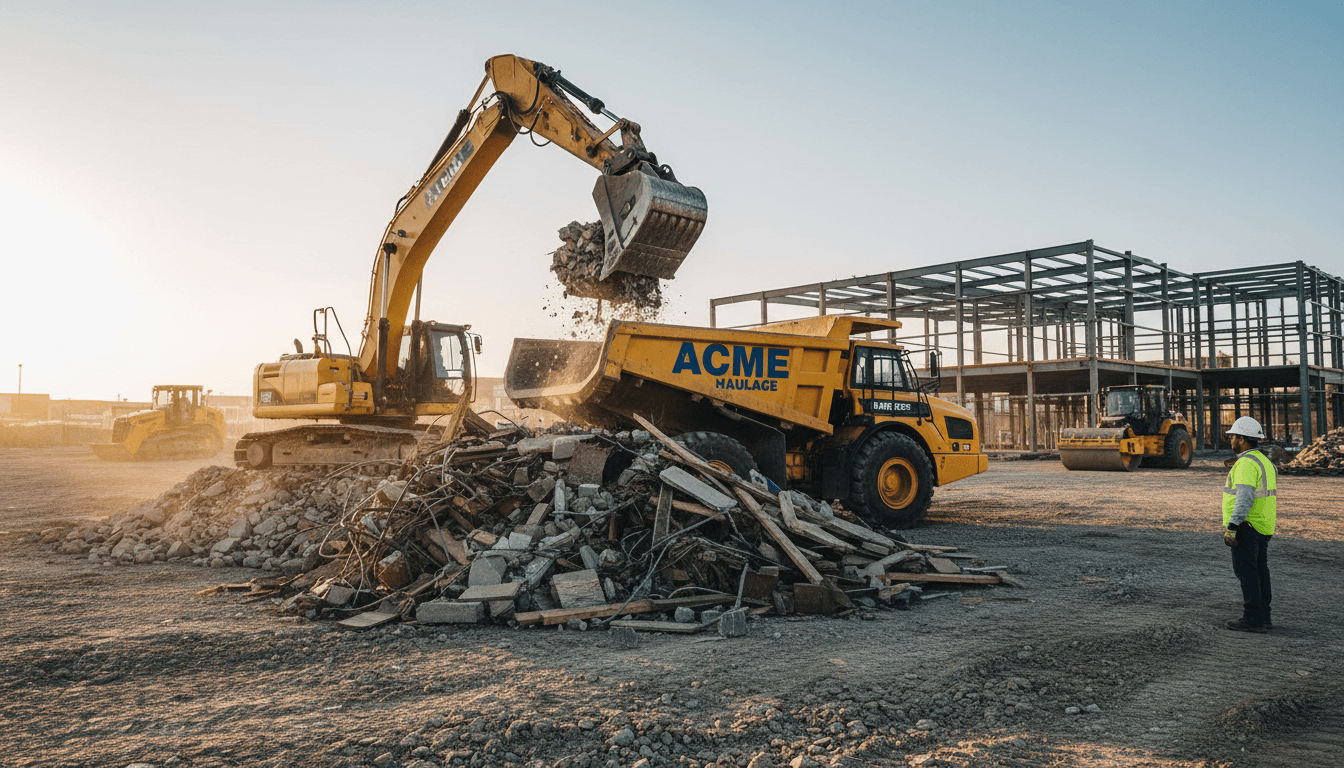 Construction debris being loaded into a dump truck at a demolition site