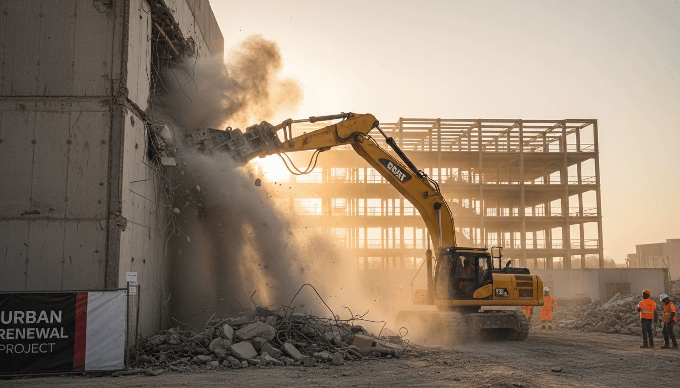Excavator tearing down a concrete wall at a demolition site
