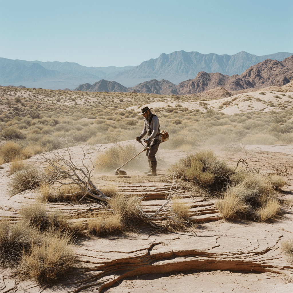 Desert landscape with rock beds and dry brush being cleared