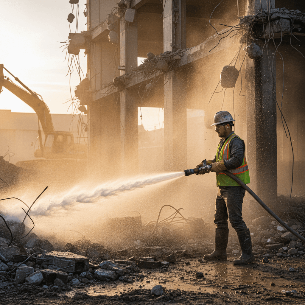 Worker spraying water to control dust during concrete demolition