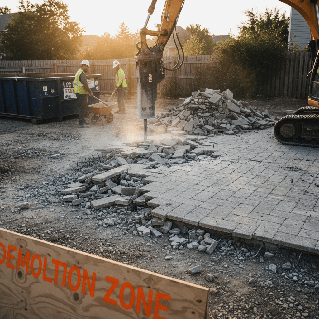 Concrete paver patio and walkway being broken up during demolition