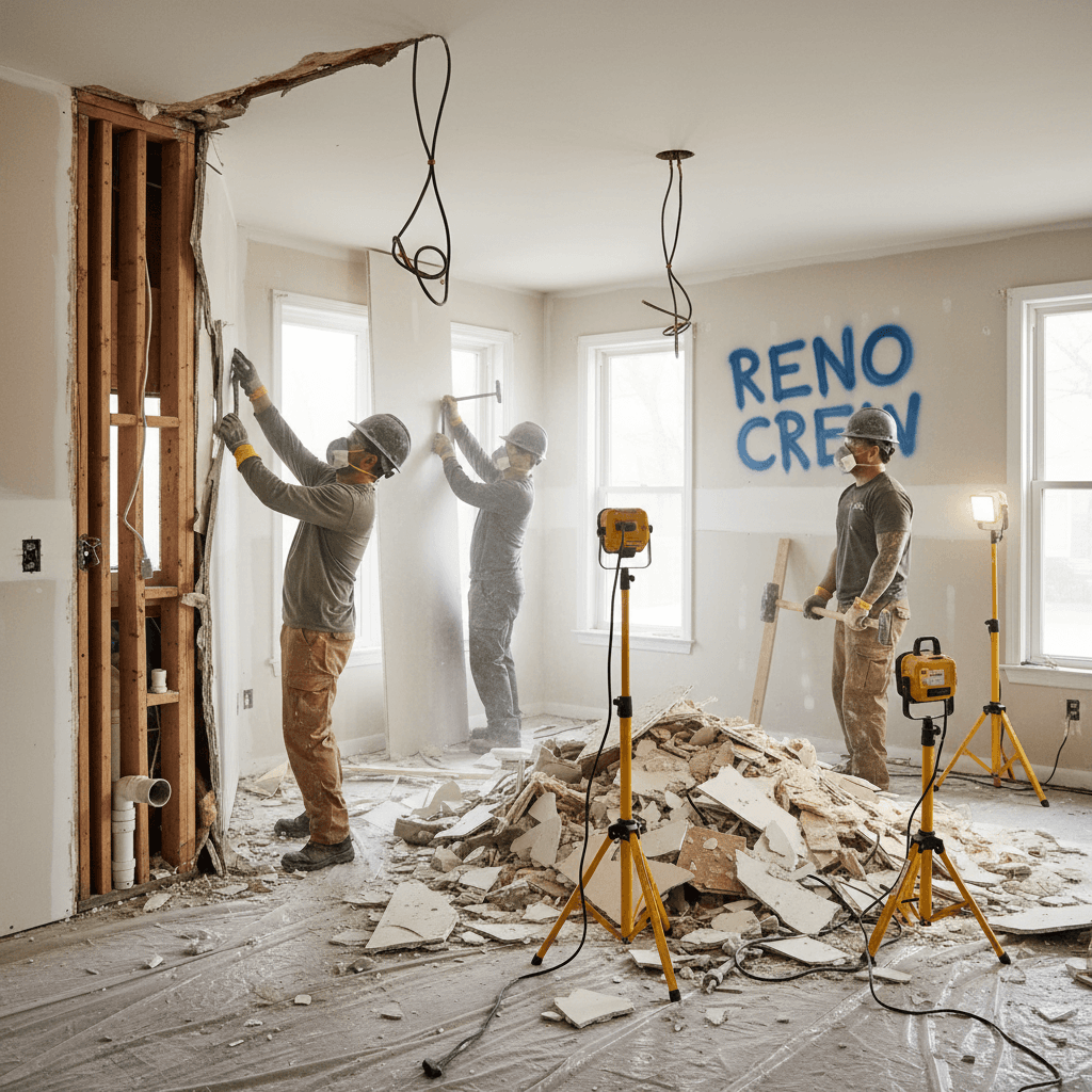 Interior demolition crew removing drywall from wall studs in house renovation