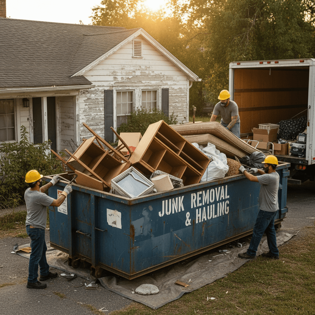 Workers loading furniture and debris into large dumpster during home cleanout