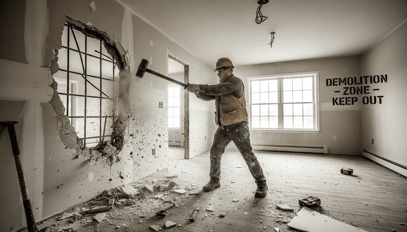 Worker in protective gear swinging sledgehammer at an interior wall during a remodel