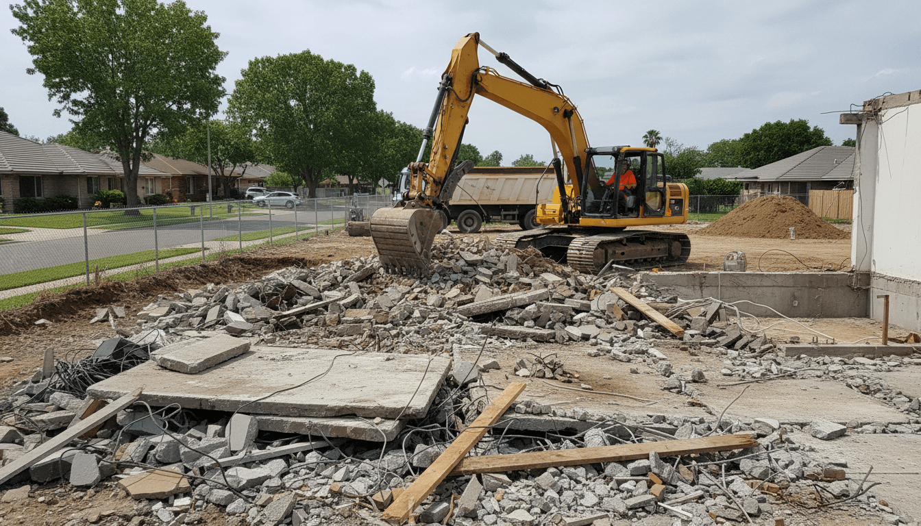 Excavator clearing demolition debris from a residential yard in Palm Desert