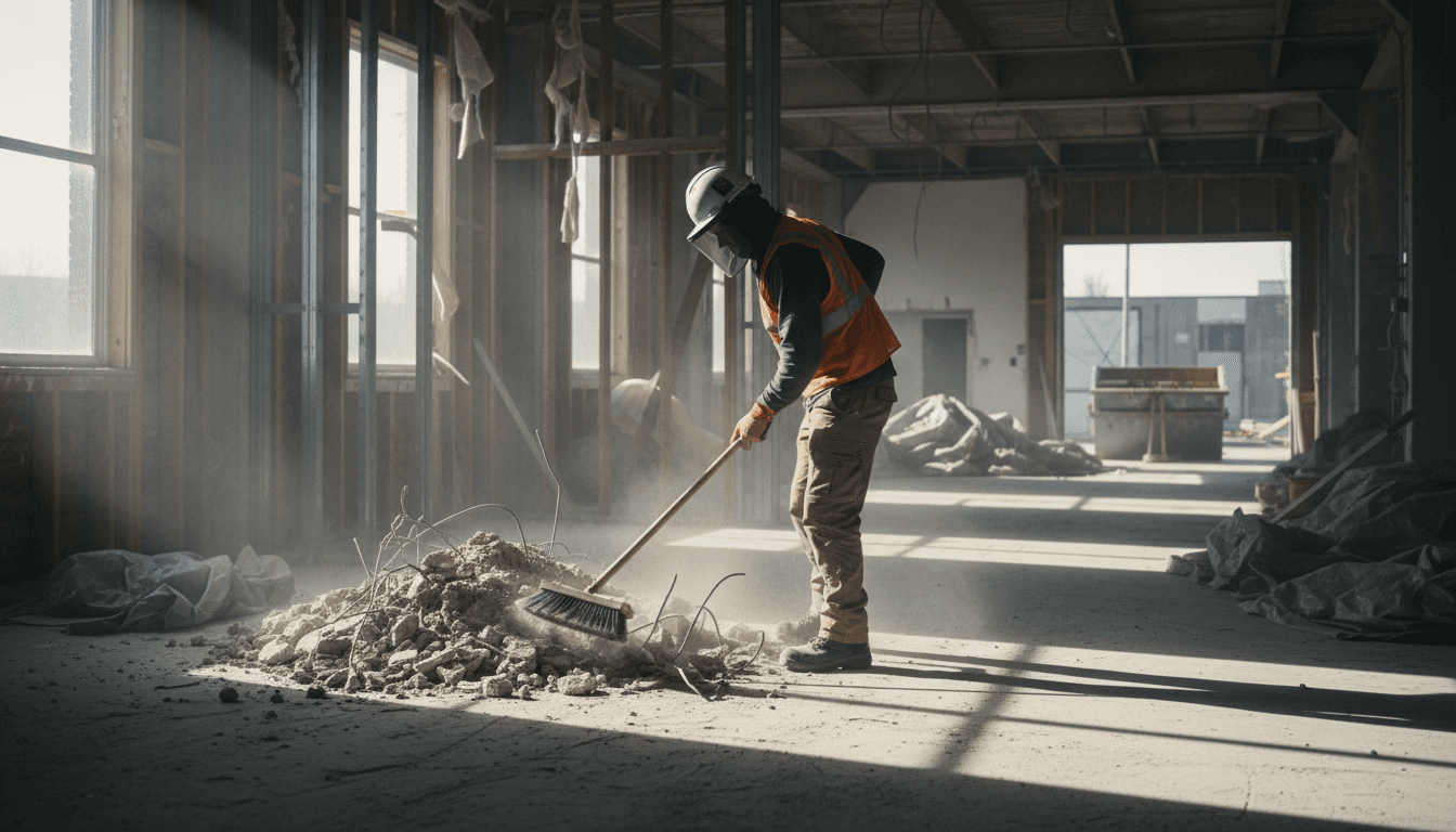 Worker clearing debris from an interior demolition site