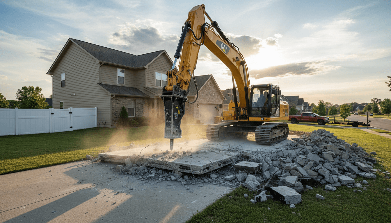 Excavator breaking up a concrete driveway on a residential property