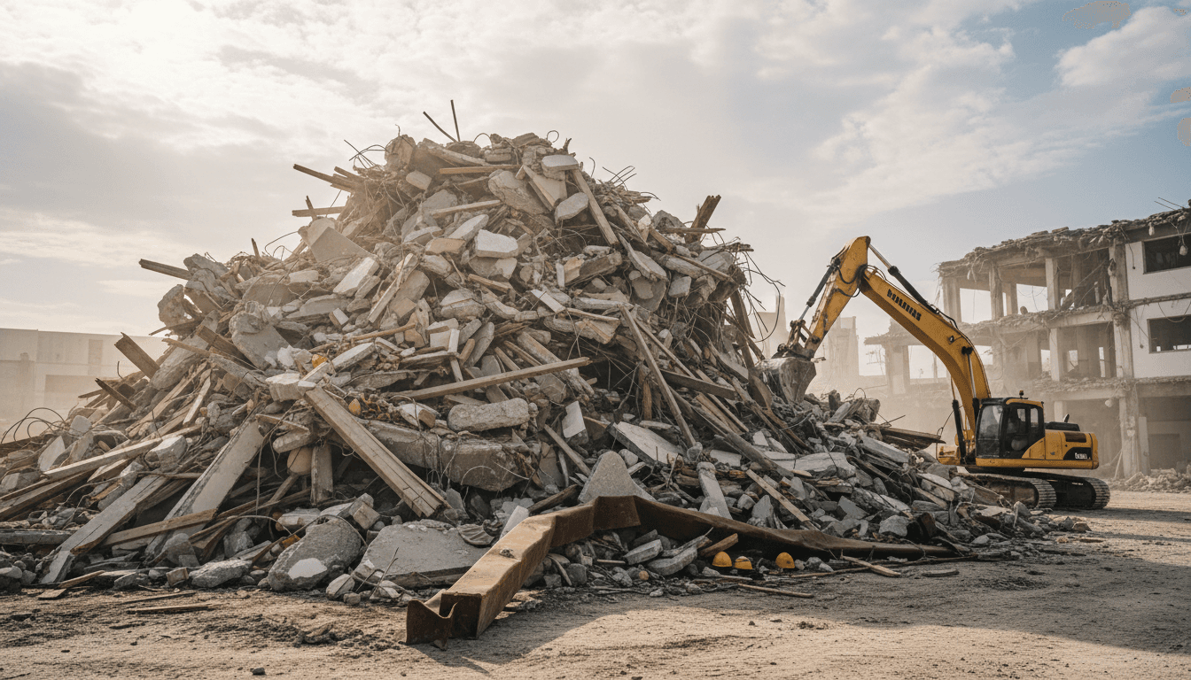 Pile of construction debris with broken concrete and lumber at a demolition site in Palm Desert