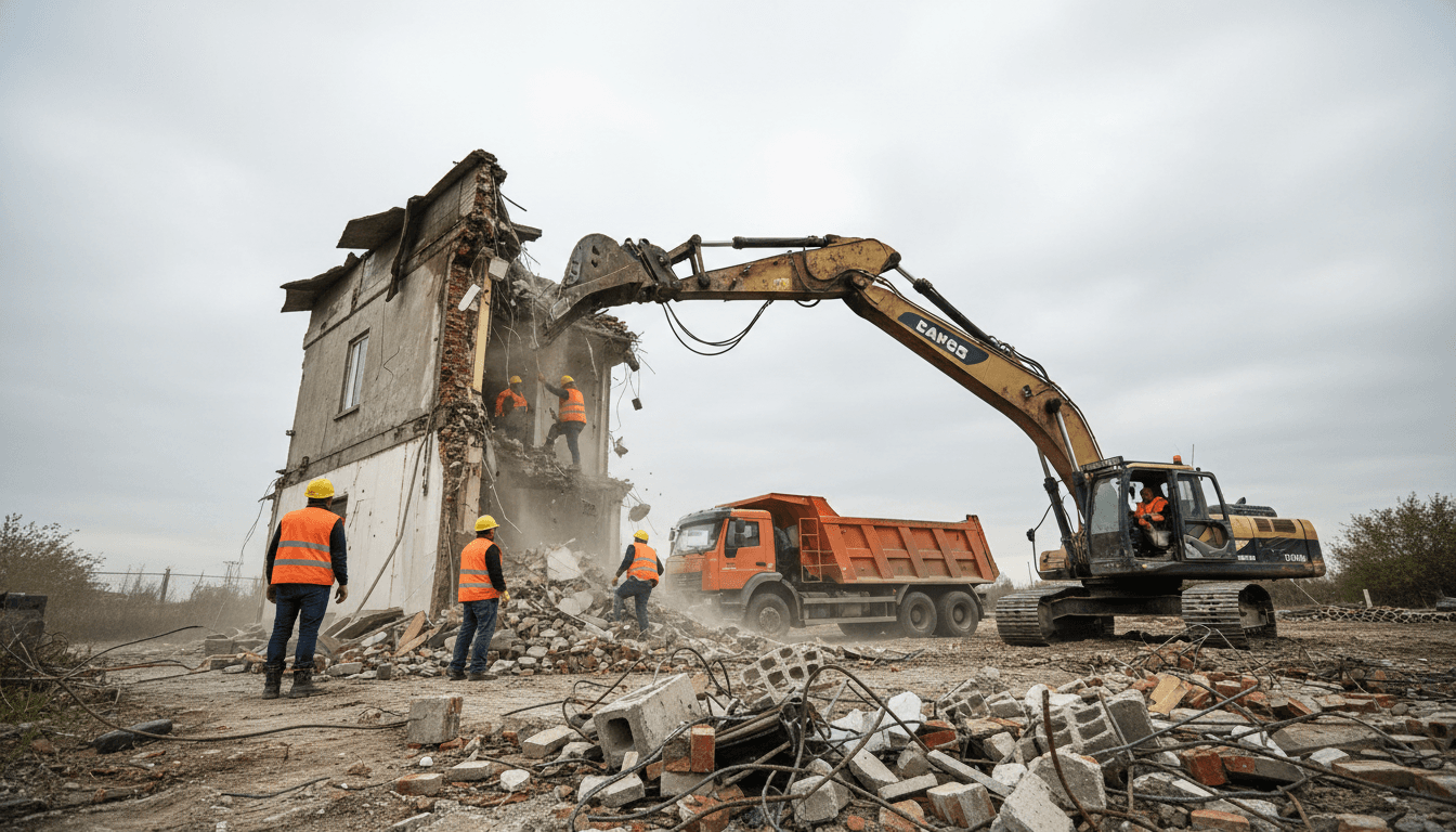 Demolition crew loading construction debris into a dump truck on a residential site