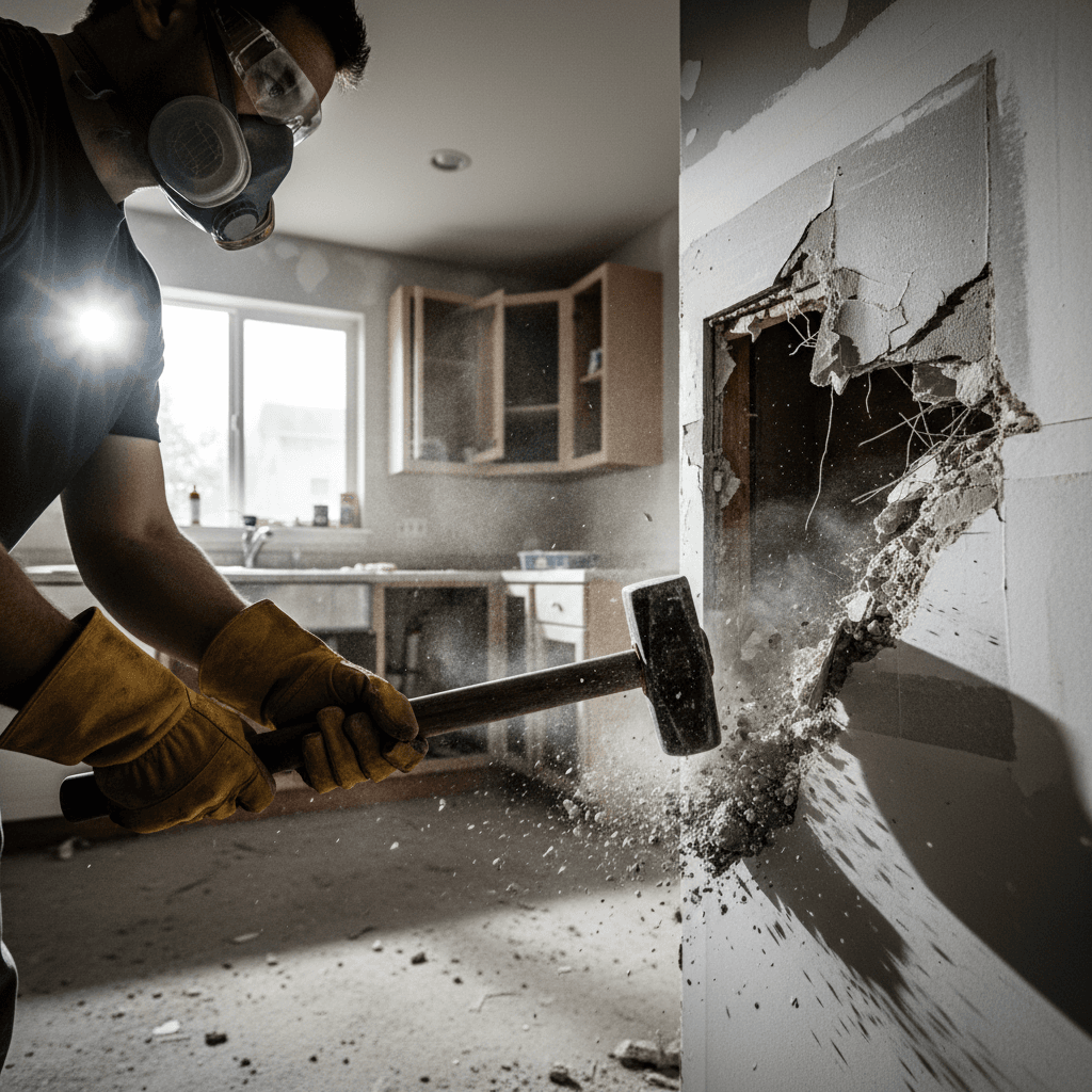 Interior wall demolition in progress