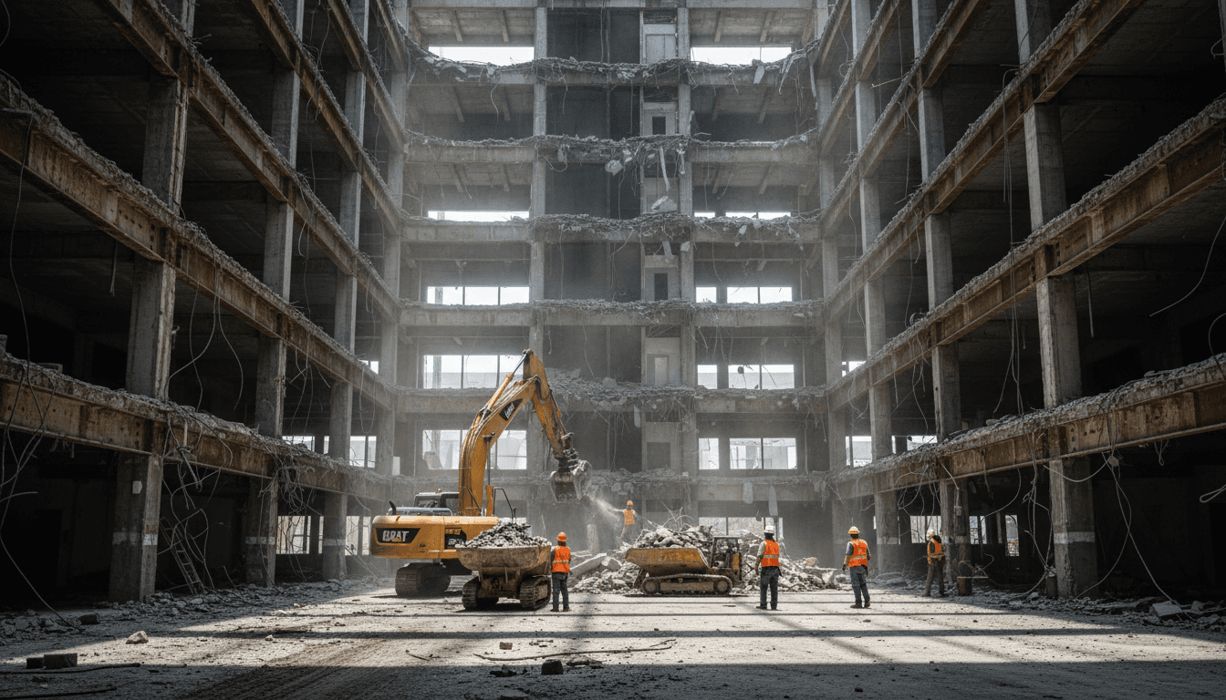Worker swinging sledgehammer at an interior wall during demolition