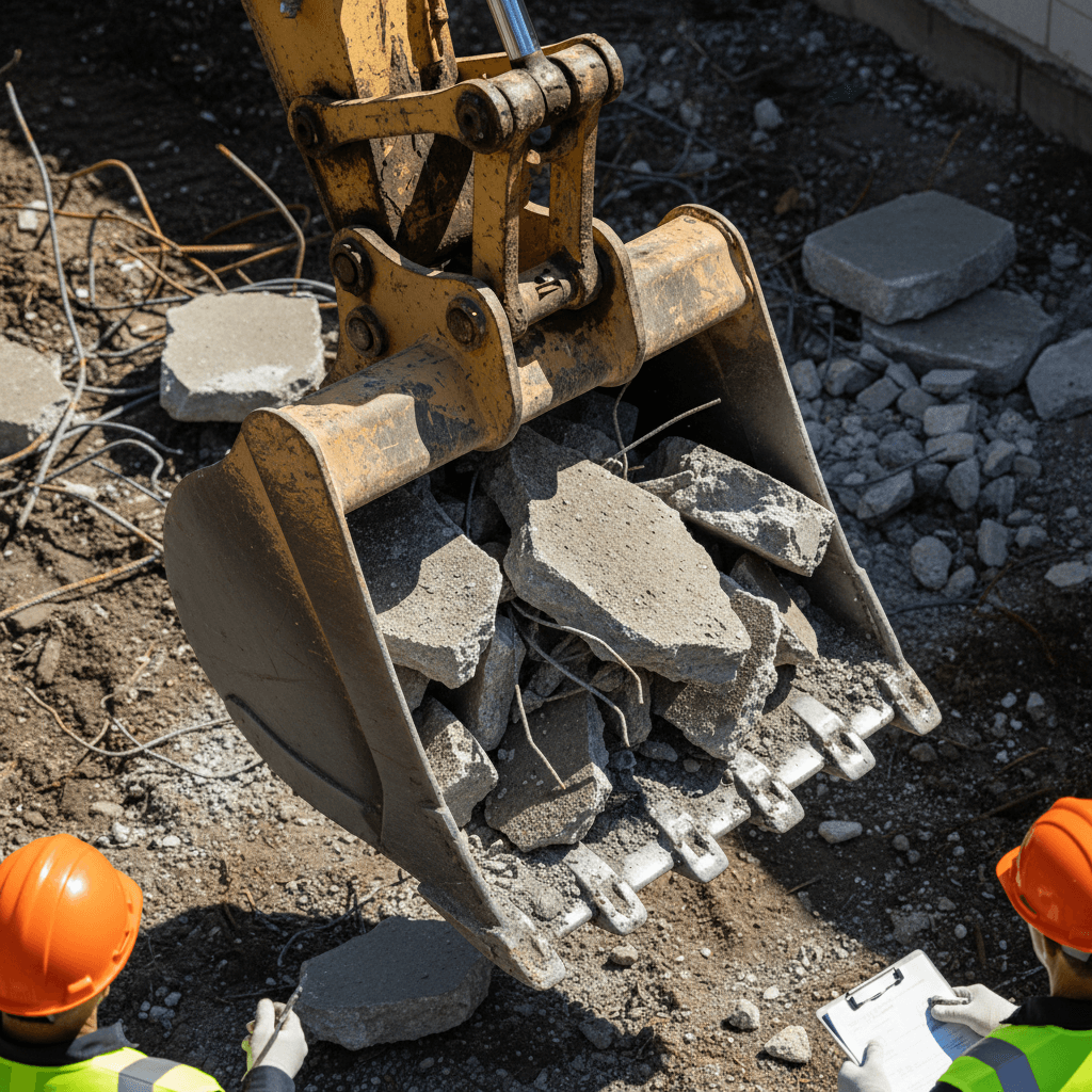 Commercial building demolition with excavator